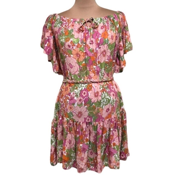 Rachel Zoe Mini Dress Size Medium Pink Floral Ruffle OTS Off Shoulder - Picture 1 of 7